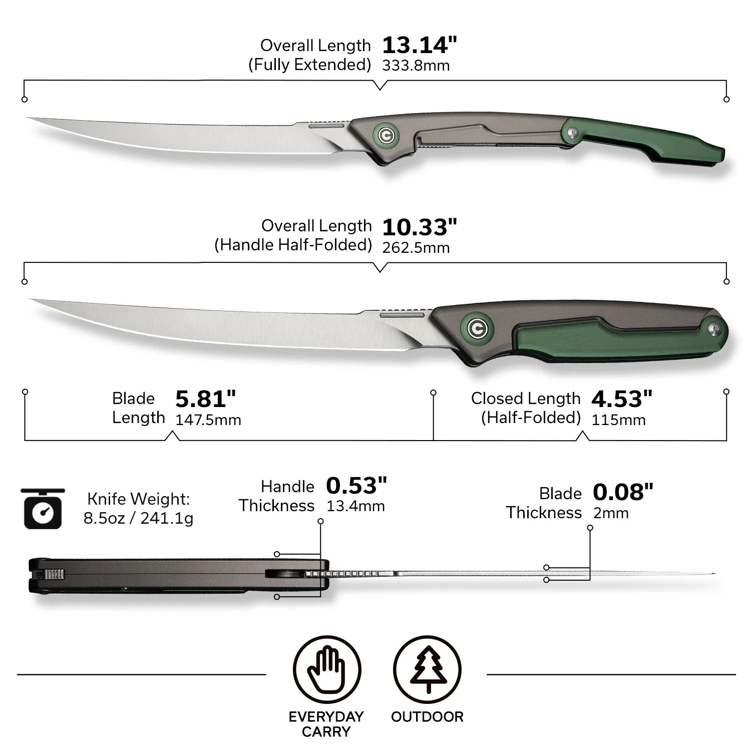 CIVIVI Shawka Folding Fillet Knife Aluminum Handle (5.81" 14C28N Blade) C22029B-3, With 1PC Black Nylon Sheath - Image 8