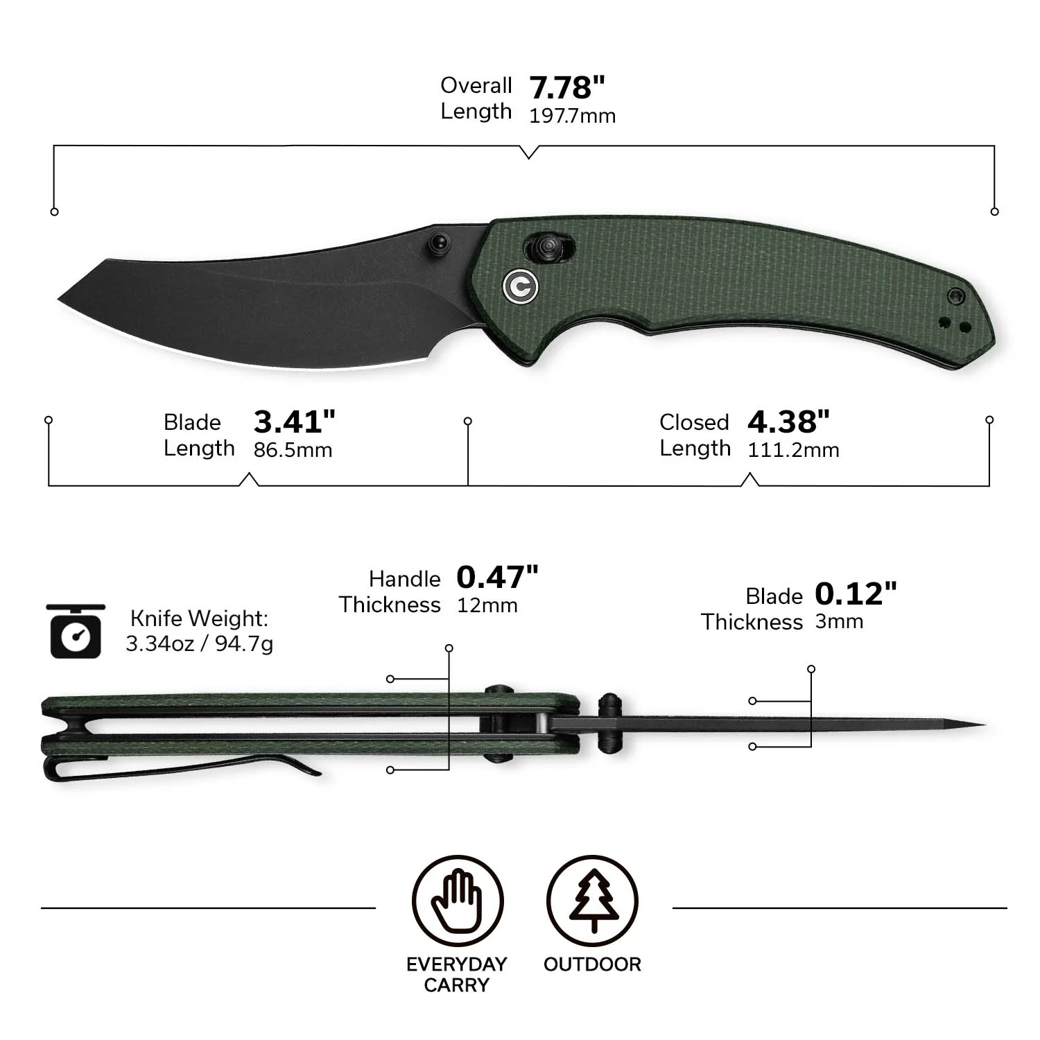 CIVIVI Sixgill Thumb Stud & Crossbar Lock Knife Micarta Handle (3.41" Nitro-V Blade) C24050-3 - Image 7