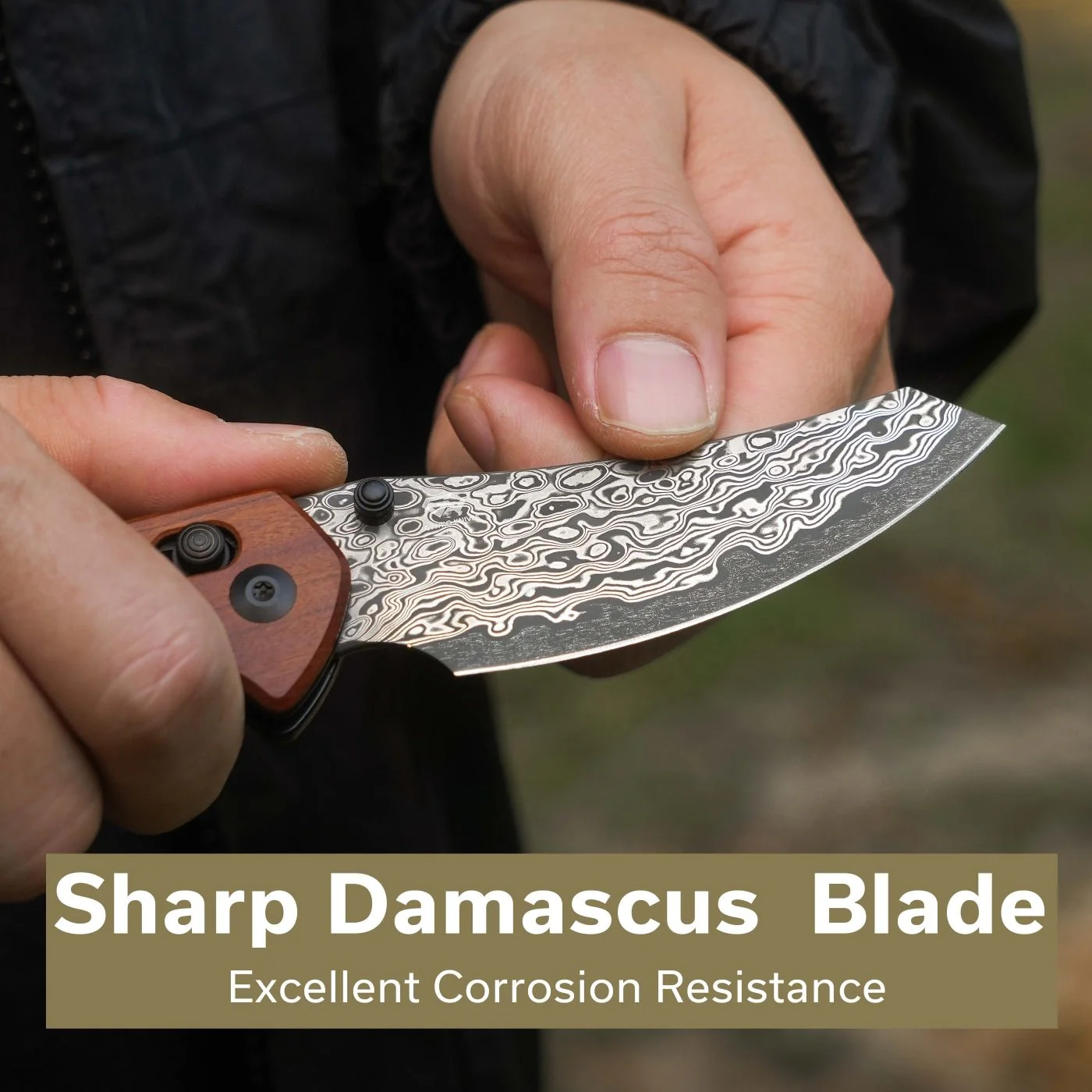 CIVIVI Sixgill Thumb Stud & Crossbar Lock Knife Wood Handle (3.41" Damascus Blade) C24050-DS1 - Image 3