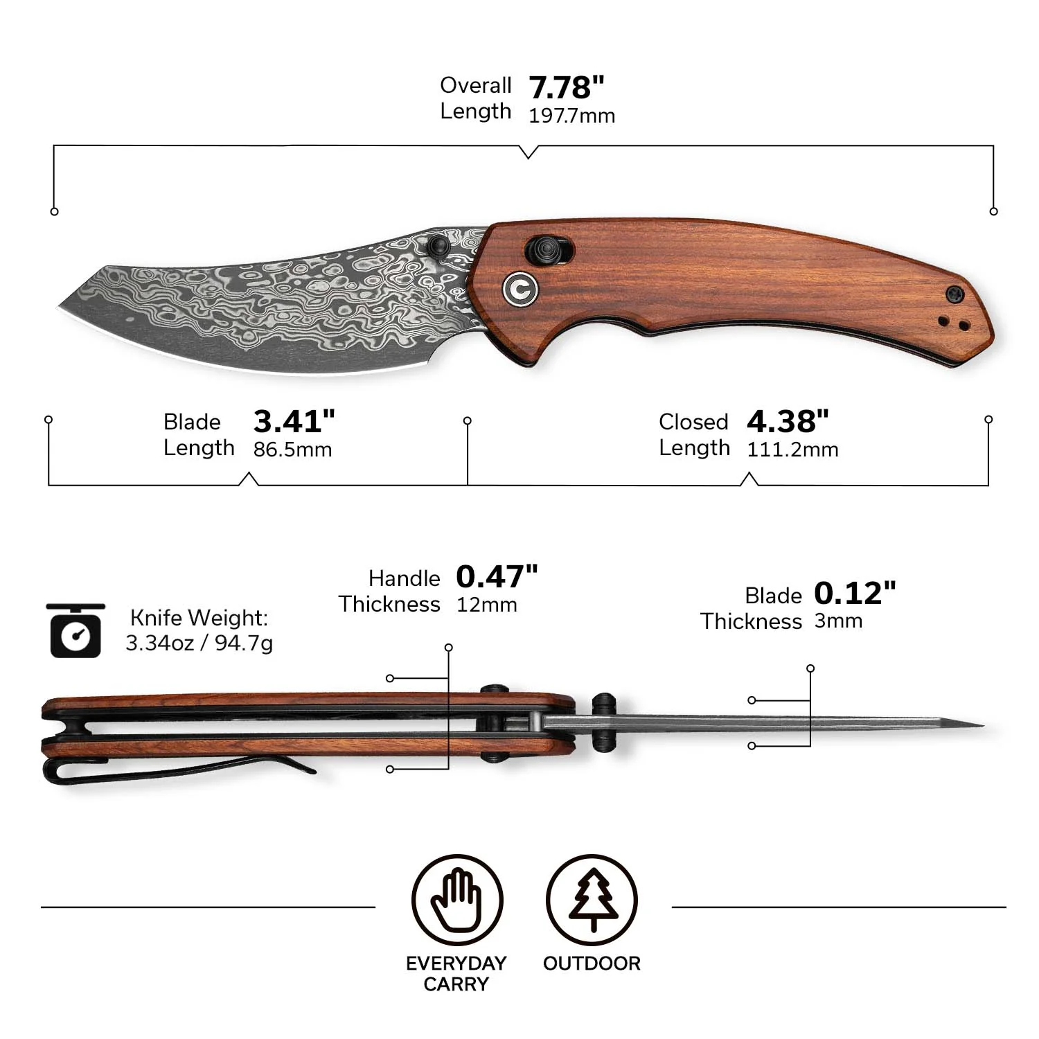 CIVIVI Sixgill Thumb Stud & Crossbar Lock Knife Wood Handle (3.41" Damascus Blade) C24050-DS1 - Image 6
