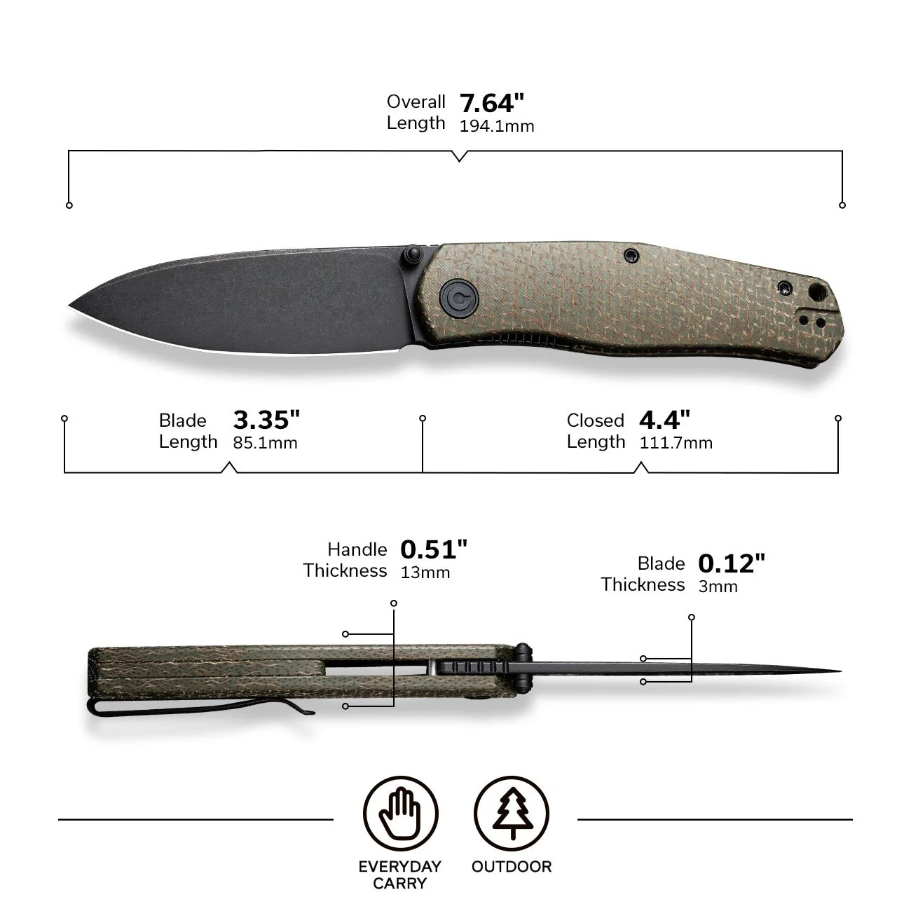 CIVIVI Sokoke Front Flipper & Thumb Stud Knife Micarta Handle (3.35" 14C28N Blade) C22007-2 - Image 2