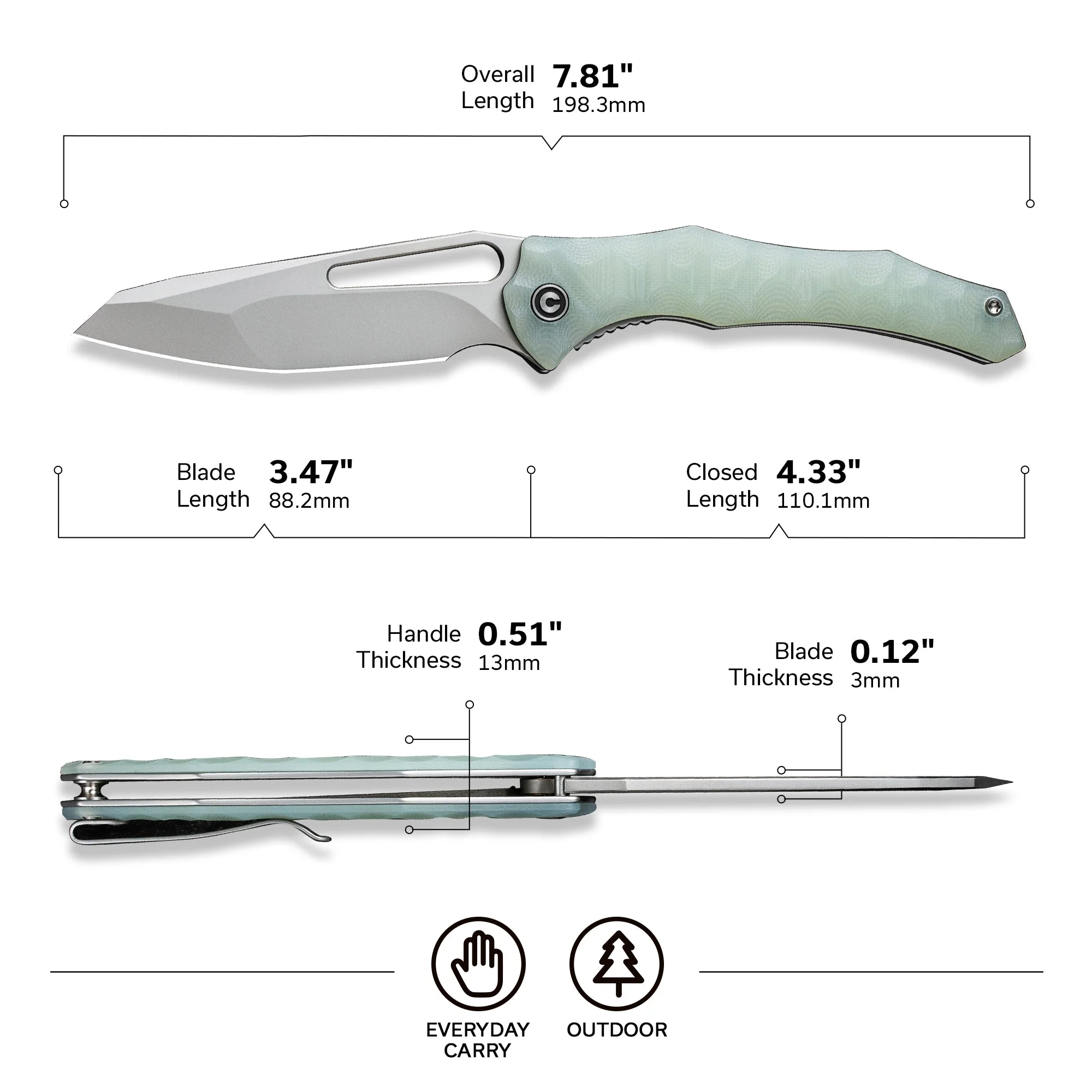 CIVIVI Spiny Dogfish Thumb Hole Knife G10 Handle (3.47" 14C28N Blade) C22006-2 - Image 2