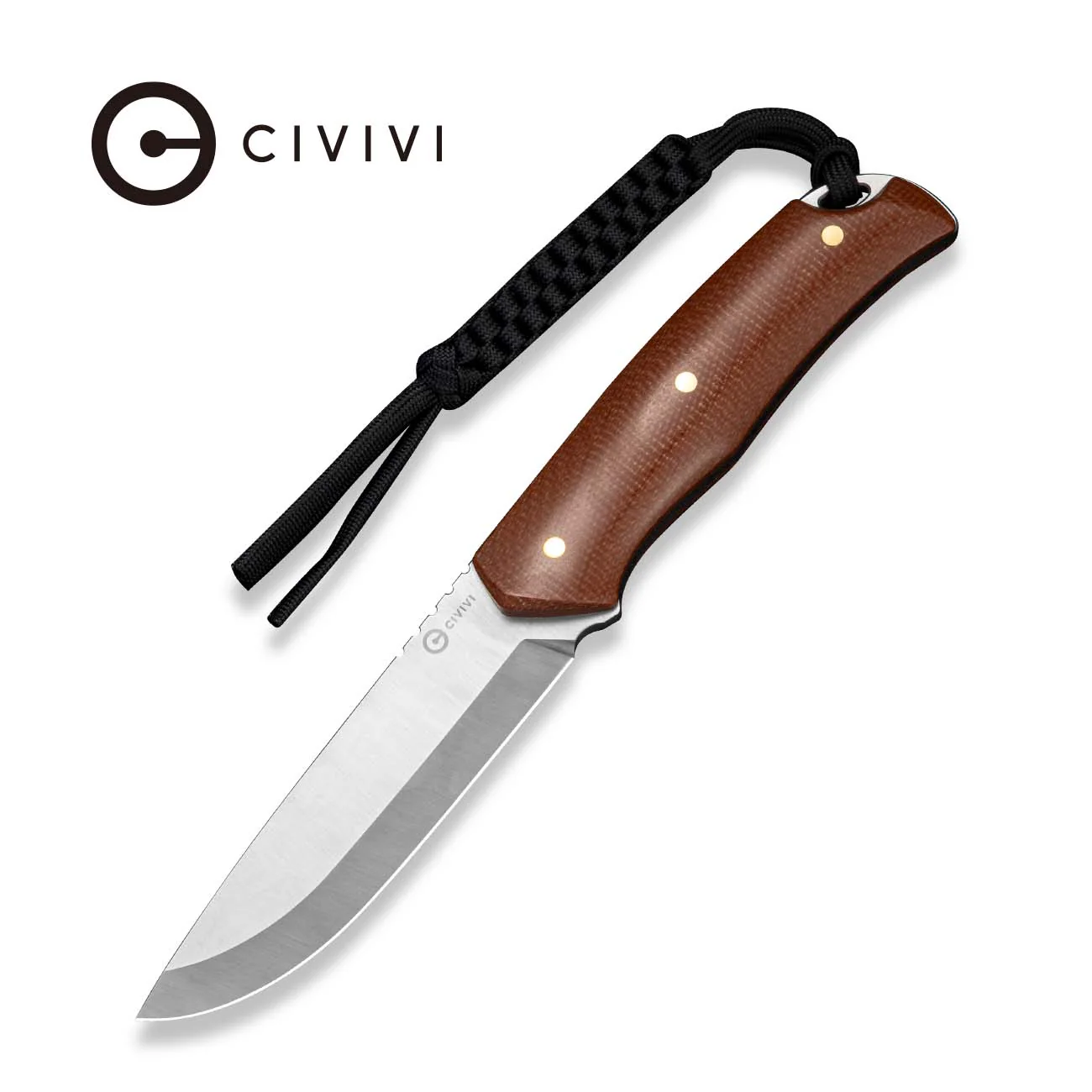 CIVIVI Thaloryn Fixed Blade Knife Brown Canvas Micarta Handle (4.1" Satin Finished AEB-L Blade) C25082 Sample2, With 1PC Brown Leather Sheath and 1PC Black Lanyard
