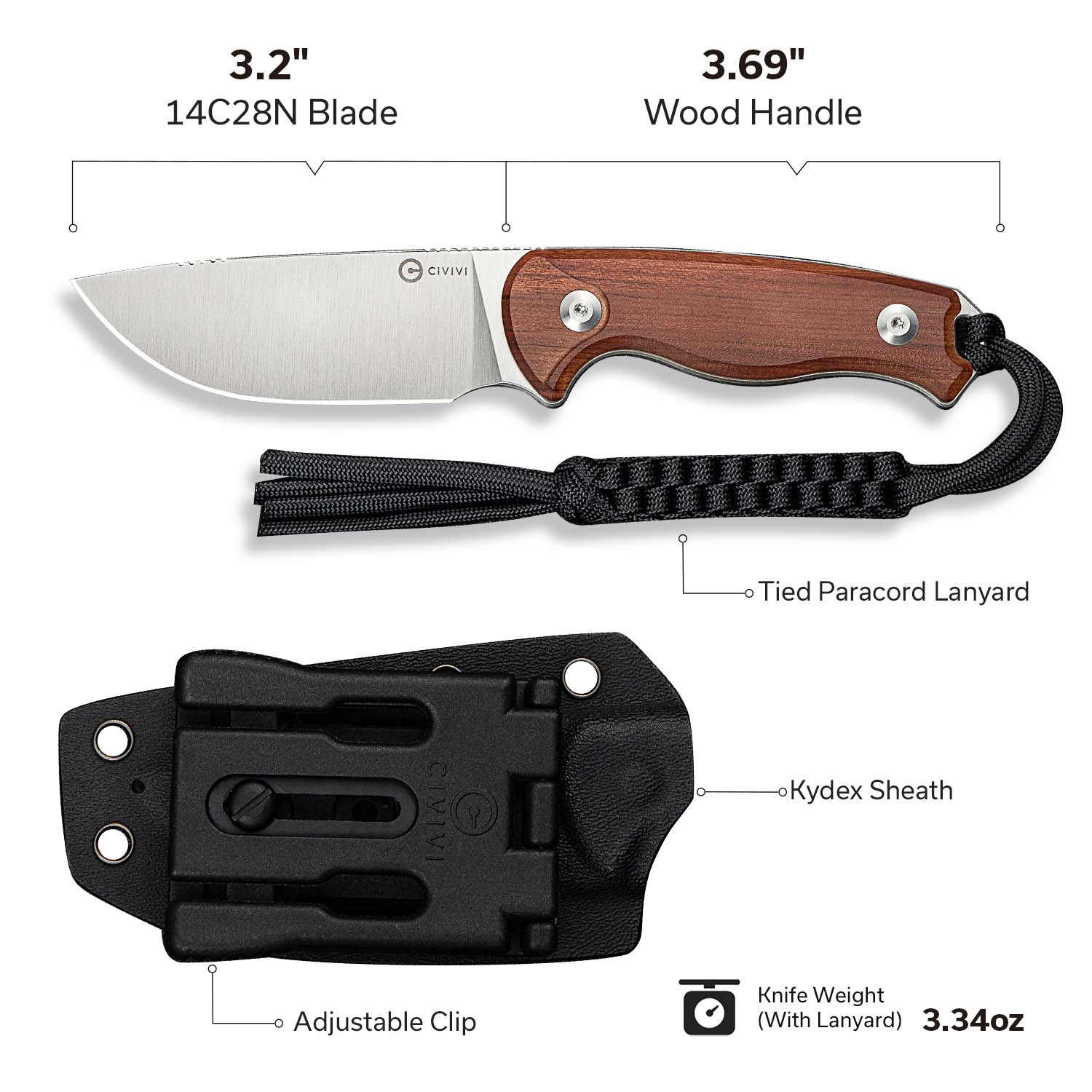CIVIVI Timberbark Fixed Blade Knife Wood Handle (3.2" 14C28N Blade) C23094-4 - Image 6