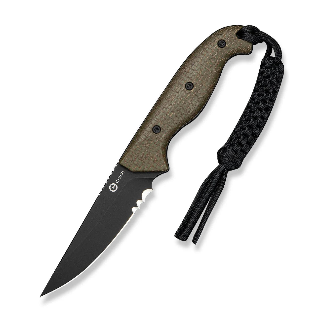 CIVIVI Torvyn Fixed Blade Knife Green Burlap Micarta Handle (3.57" Black Stonewashed AEB-L Blade) C25034B Sample2, With 1PC Black Lanyard, Black Kydex Sheath & T-Clip - Image 3