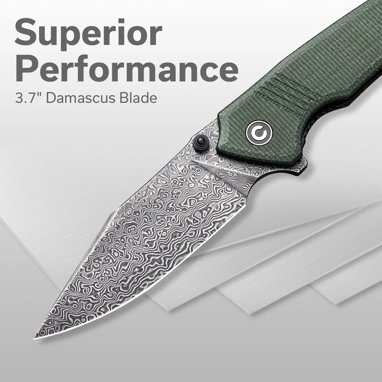 CIVIVI Tranquil Flipper & Thumb Stud Knife Micarta Handle (3.7" Damascus Blade) C23027-DS1 - Image 2