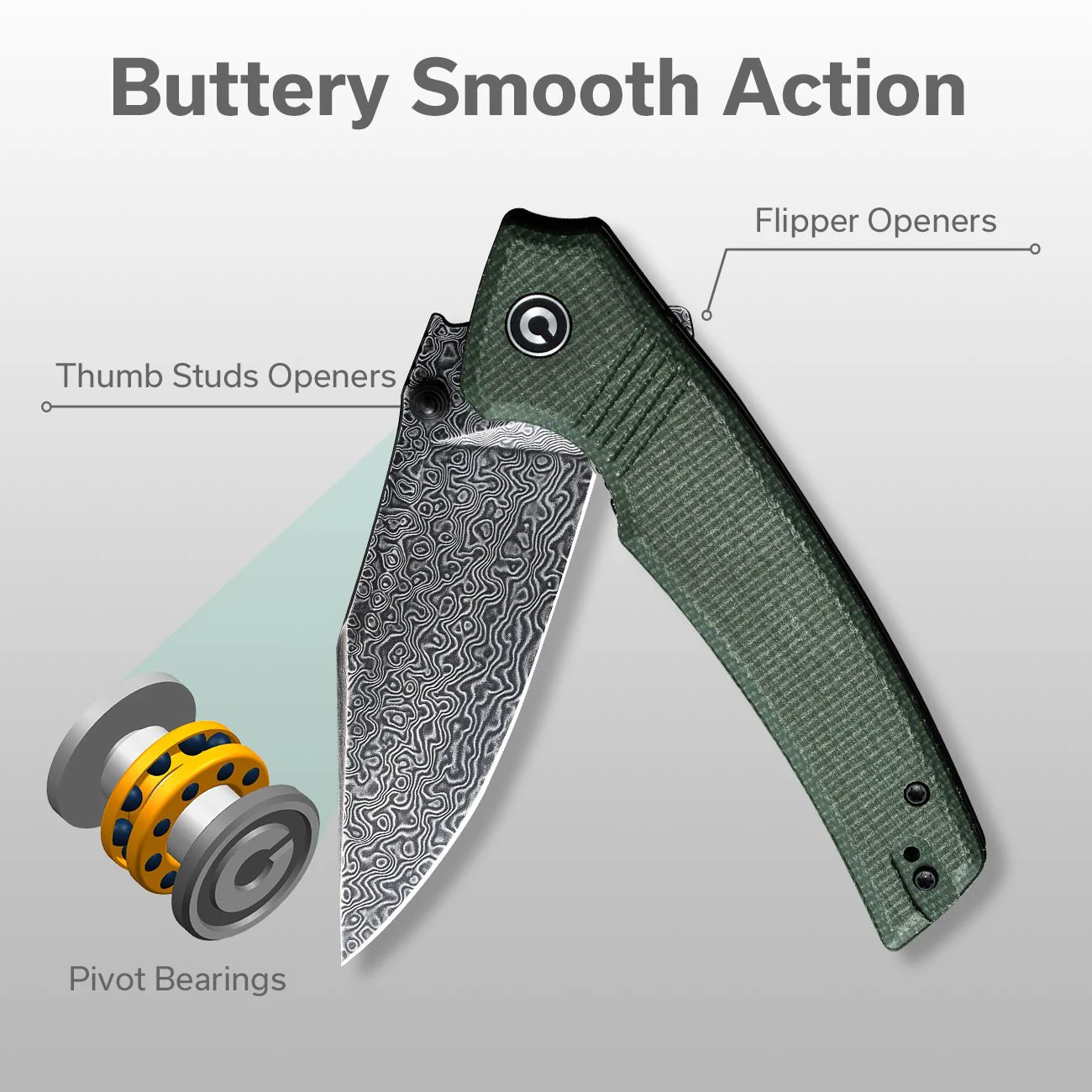 CIVIVI Tranquil Flipper & Thumb Stud Knife Micarta Handle (3.7" Damascus Blade) C23027-DS1 - Image 4