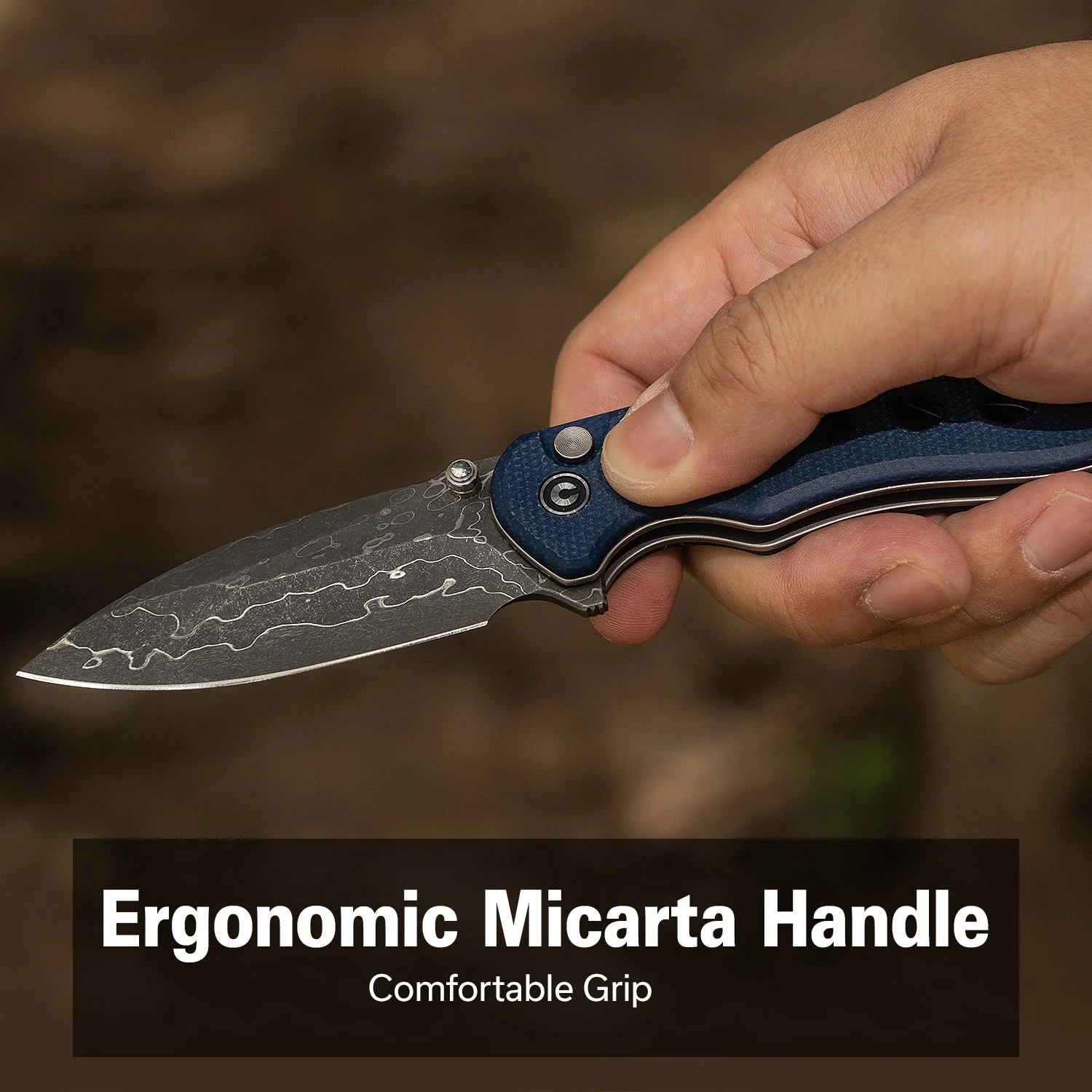 CIVIVI Triptych Flipper & Thumb Stud & Button Lock Knife Micarta Handle (2.97" Damascus Blade) C23085B-DS1 - Image 3