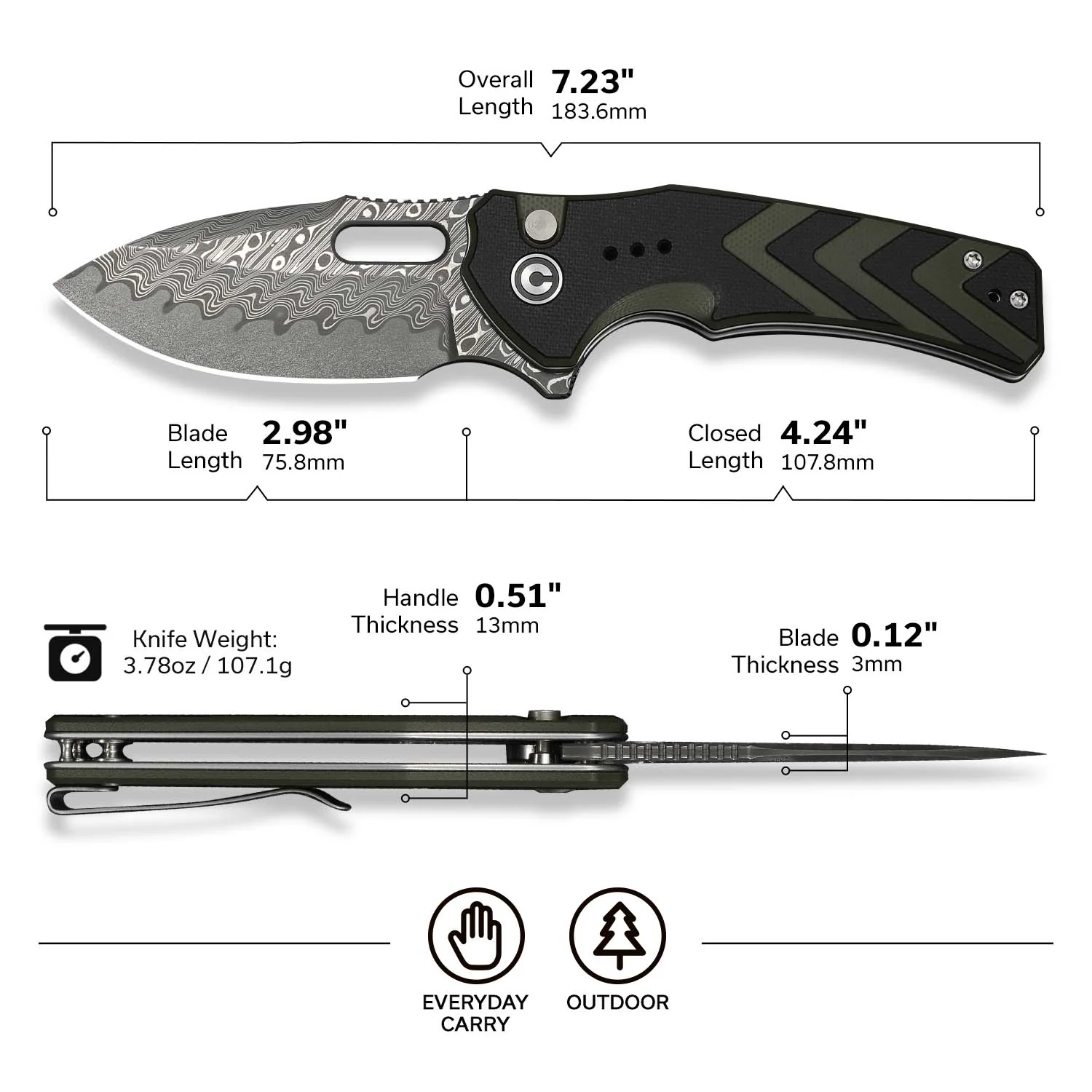CIVIVI Vexron Flipper & Thumb Hole & Button Lock Knife G10 Handle (2.98" Damascus Blade) C24066-DS1 - Image 6