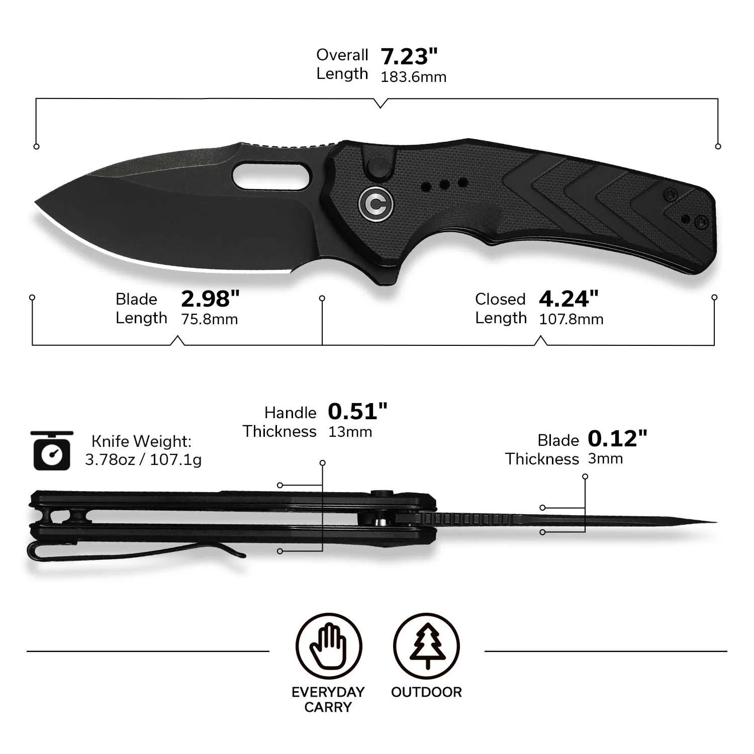 CIVIVI Vexron Flipper & Thumb Hole & Button Lock Knife G10 Handle (2.98" 14C28N Blade) C24066-1 - Image 6