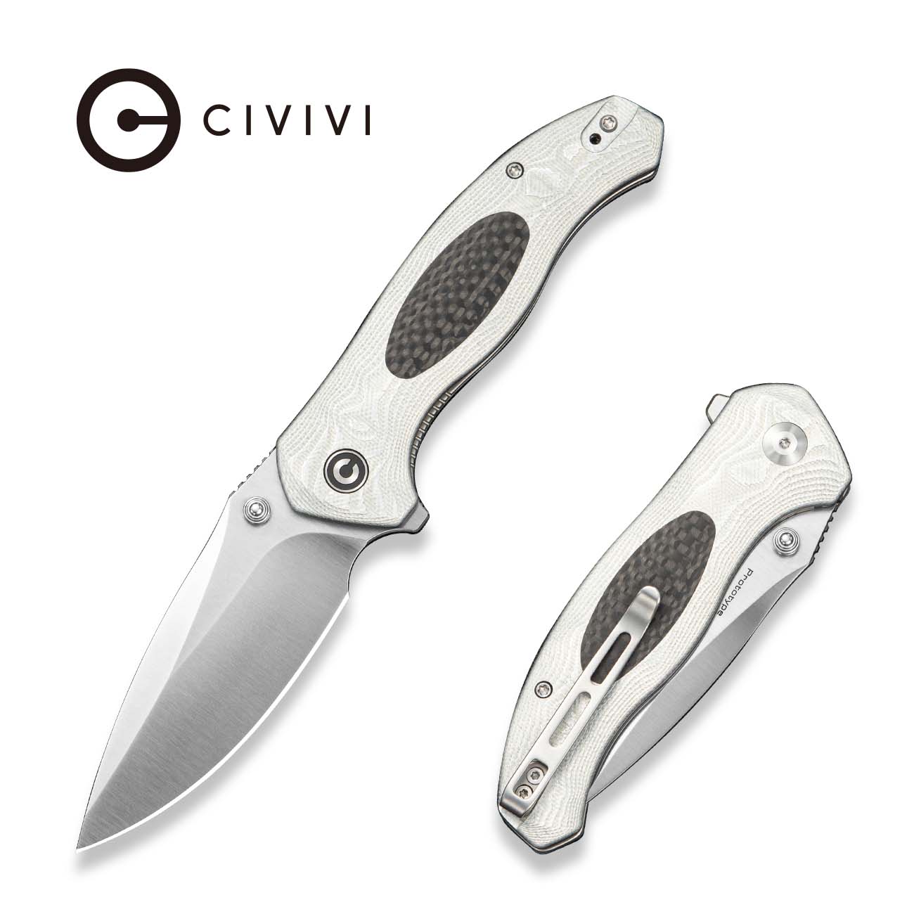 CIVIVI Vyrent Flipper & Thumb Stud Knife Silver G10 & Aluminum Foil Handle With Black Twill Carbon Fiber Inlay (3.48" Satin Finished Nitro-V Blade) C25037 Sample2