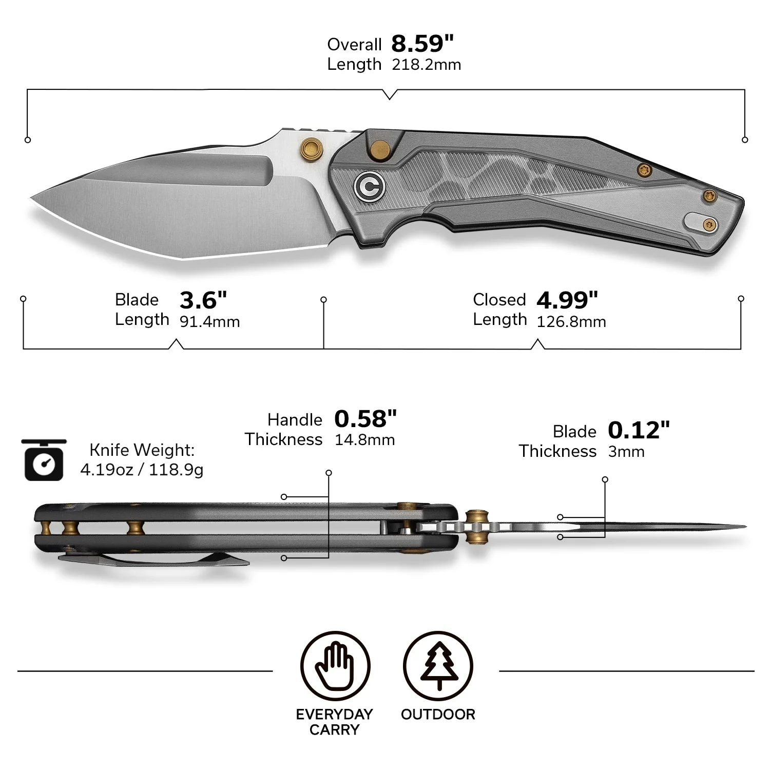 CIVIVI Wellmax Thumb Stud & Button Lock Knife Gray Aluminum Handle With Polished Clear Lexan Inlay (3.6" Satin Finished 14C28N Blade) C24008C-1 - Image 6