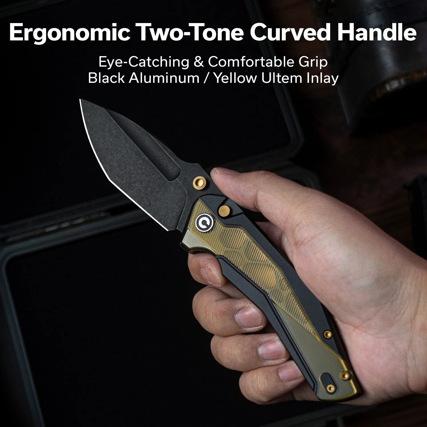 CIVIVI Wellmax Thumb Stud & Button Lock Knife Black Aluminum Handle With Polished Yellow Ultem Inlay (3.6" Black Stonewashed 14C28N Blade) C24008C-2 - Image 3