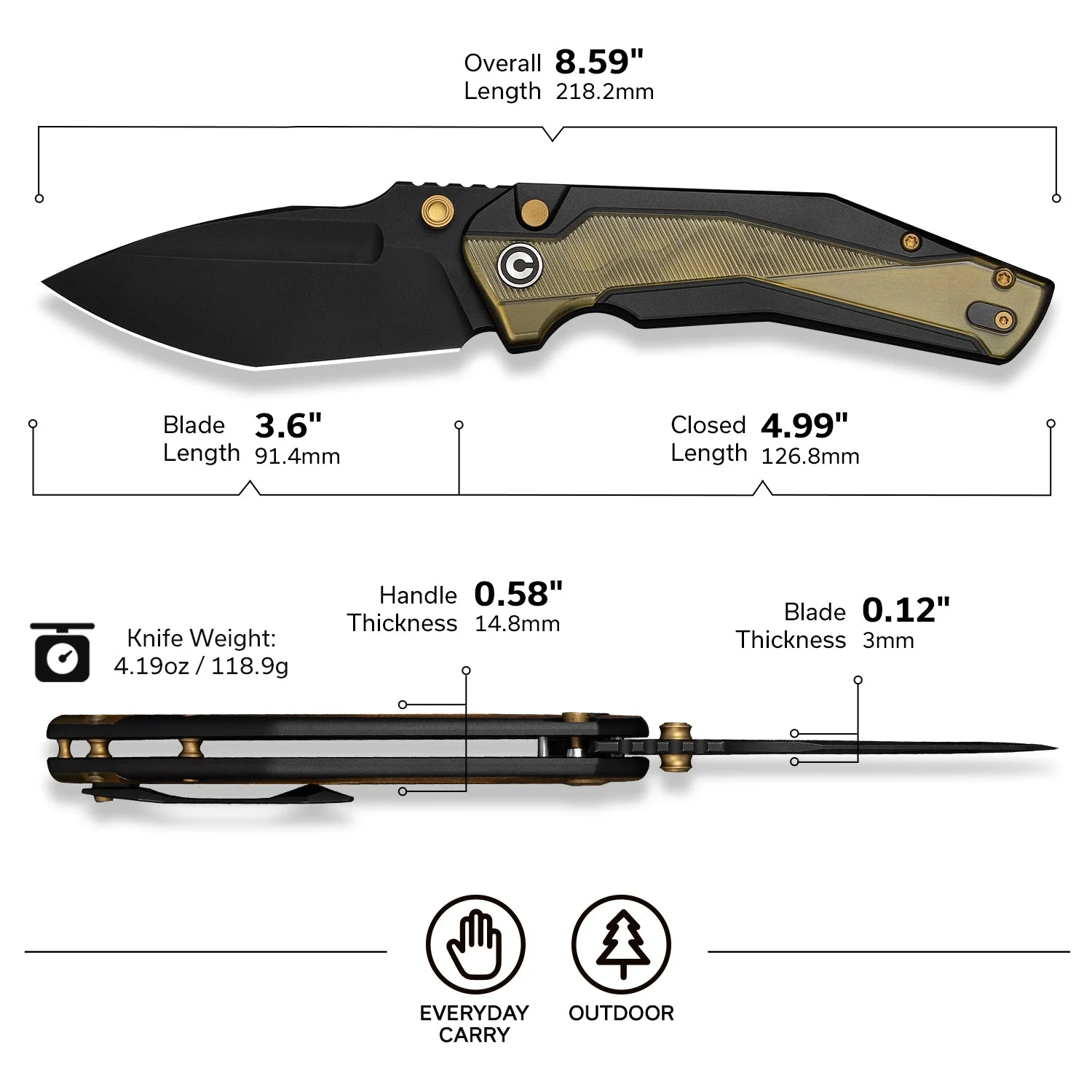 CIVIVI Wellmax Thumb Stud & Button Lock Knife Black Aluminum Handle With Polished Yellow Ultem Inlay (3.6" Black Stonewashed 14C28N Blade) C24008C-2 - Image 6