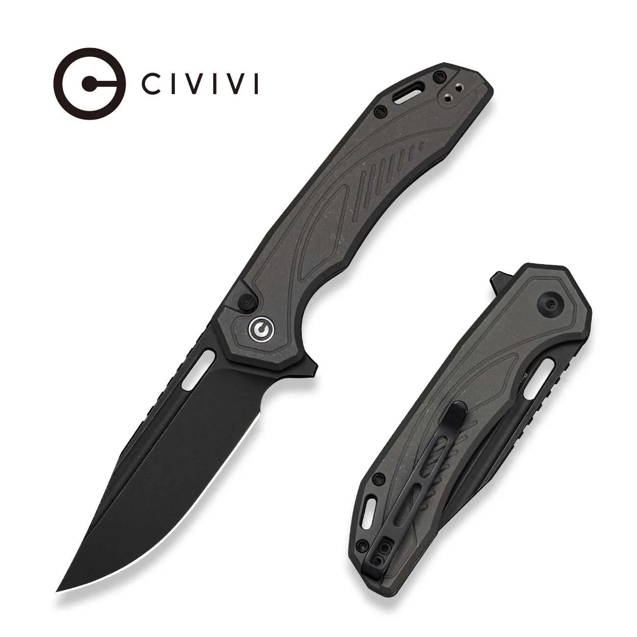 CIVIVI Zelthara Flipper & Thumb Hole Knife Gray Magnesium Handle (3.3" Black Stonewashed 14C28N Blade) C25076 Sample2